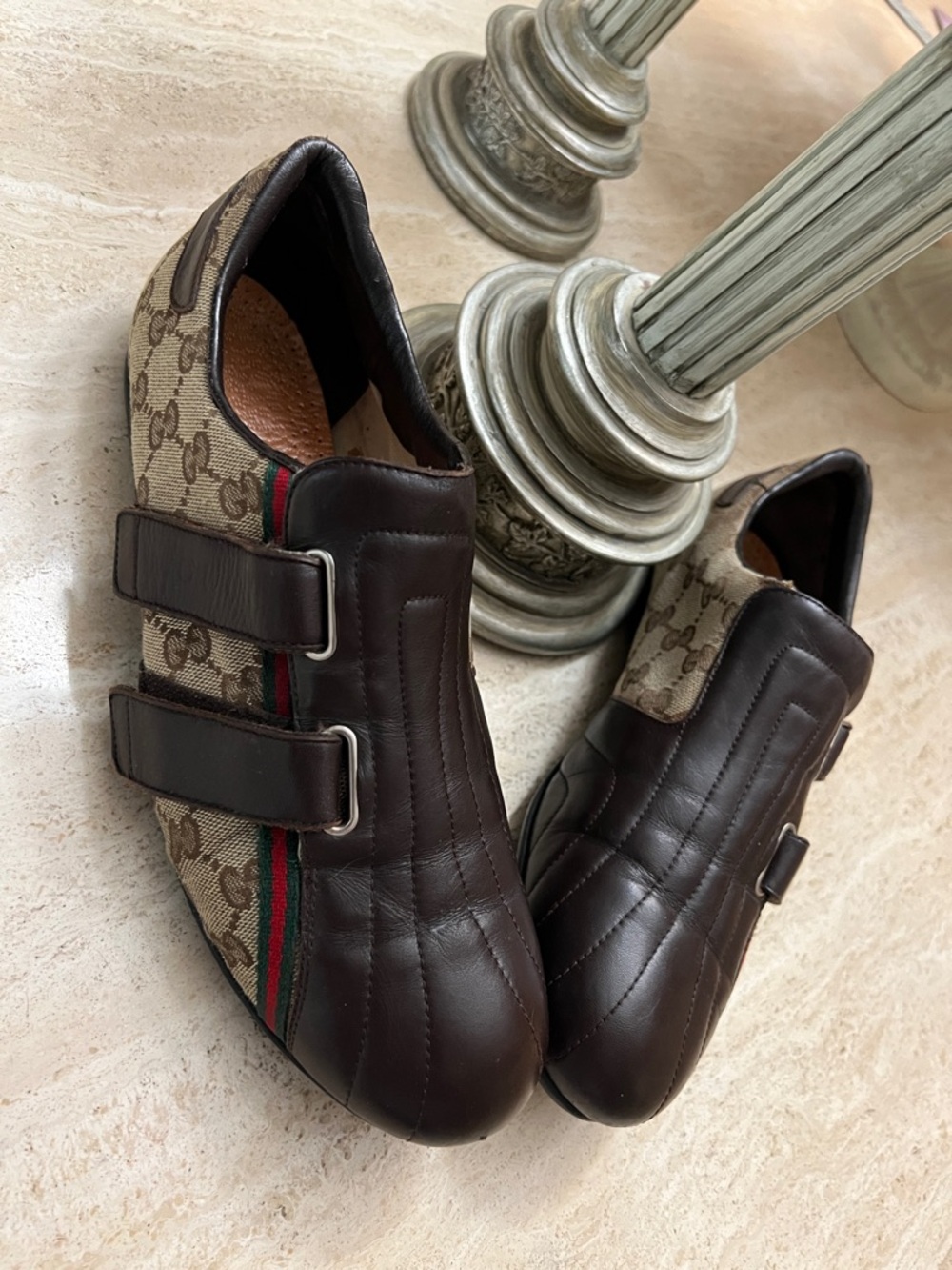 Gucci Brown Leather & GG Canvas Velcro Men’s Sneakers with Web Stripe - Picture 3 of 13